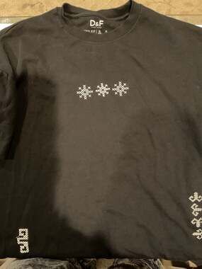 D&F Black T-Shirt with White Cross-Stitch Snowflake Embroidery